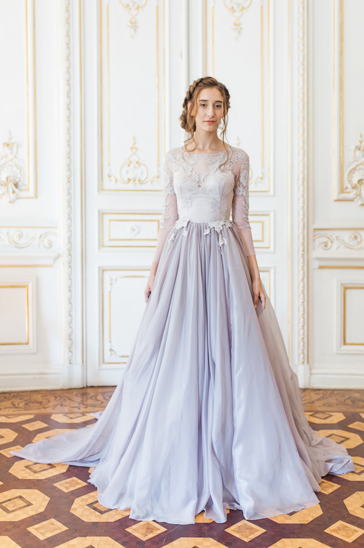 Lavender Wedding Gown With Sheer Sleeves And Floral Appliques Floating Down The Bodice Cathy Telle