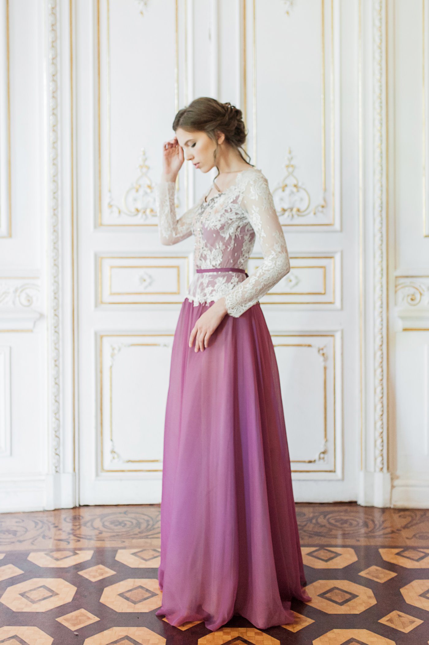 Crimson wedding gown with coloured crystal beading on the floral lace ...