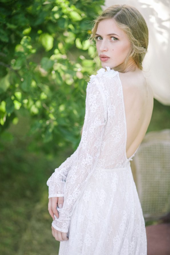 Mint illusion neckline wedding dress with long lace sleeve | Cathy Telle