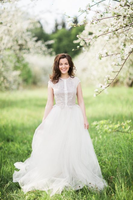 white and lavender wedding dress