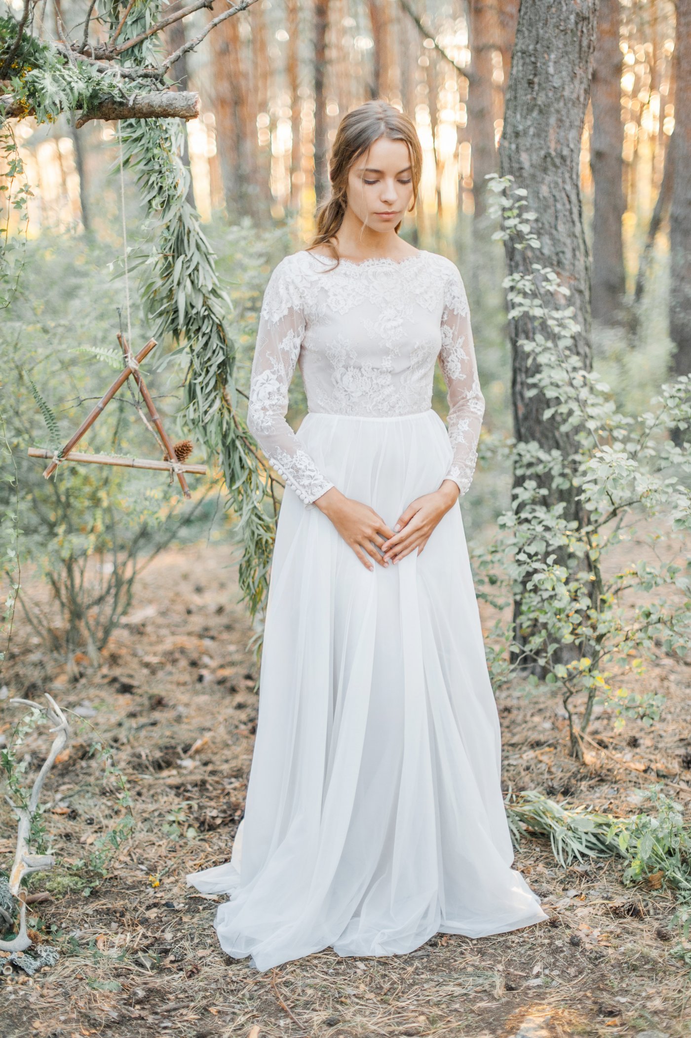 Wedding dress with high-neck bodice and sheer lace sleeve ...