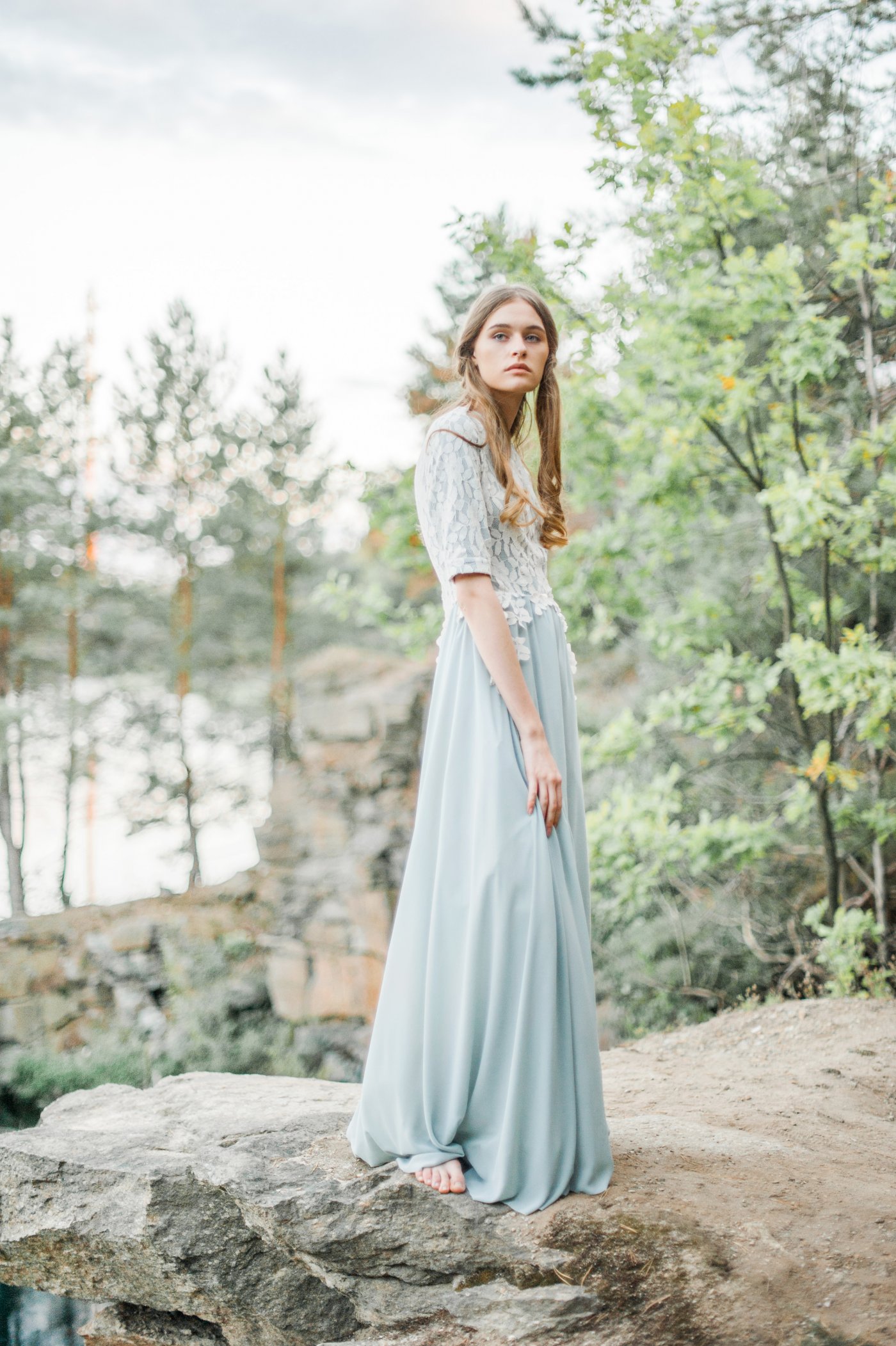 Sage green a-line wedding dress with lace bodice | Cathy Telle
