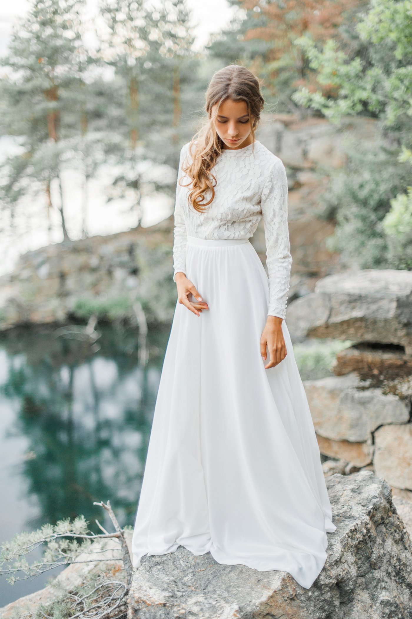 Wedding Dress With High neck Bodice And Long Lace Sleeve Cathy Telle