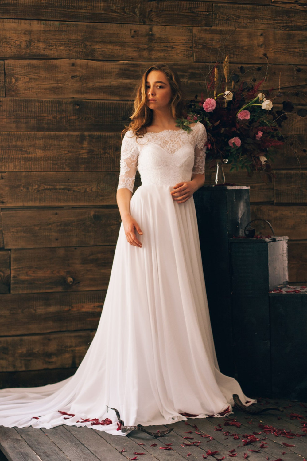 Vintage Inspired Open Back Wedding Dress With Sheer Lace Sleeve Cathy Telle