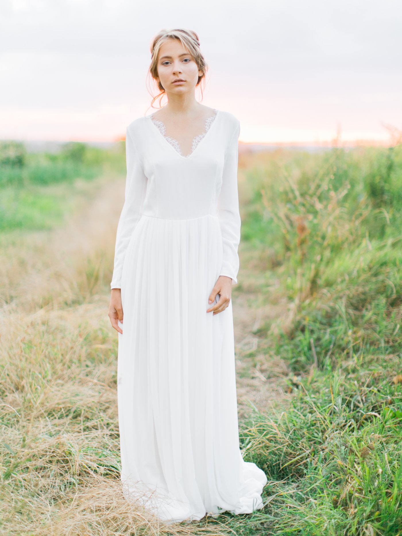 Off white Long Sleeve Wedding Dress With V neck Scalloped Bodice Cathy Telle