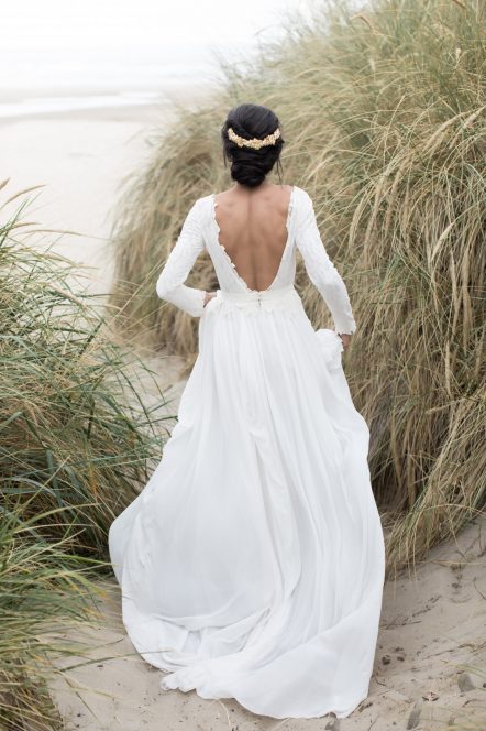 Black lace deep v-neck wedding dress with long sleeve scalloped