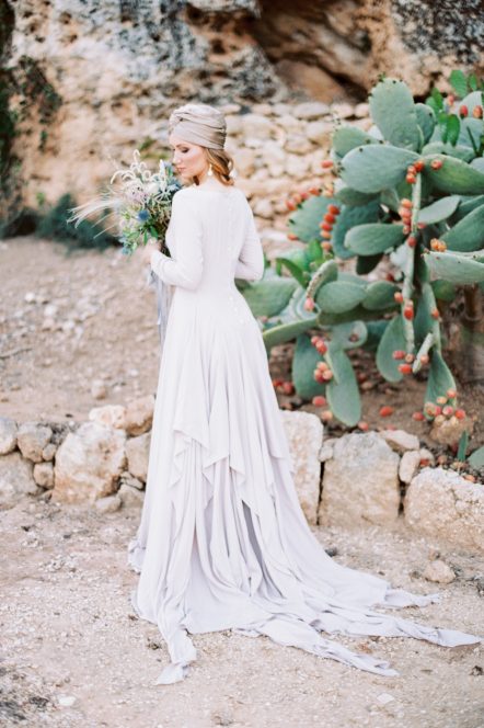 Modest wedding dress with sheer lace sleeve bodice