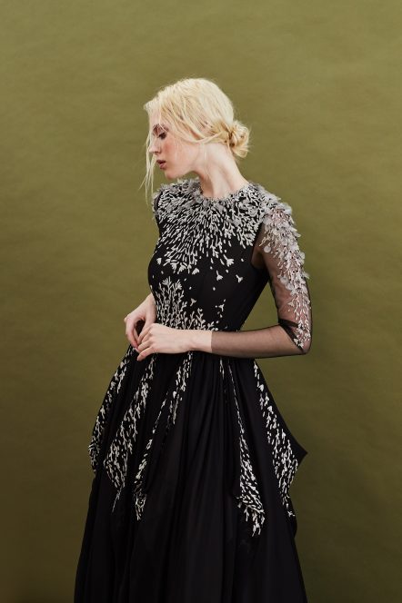 Black lace deep v-neck wedding dress with long sleeve scalloped